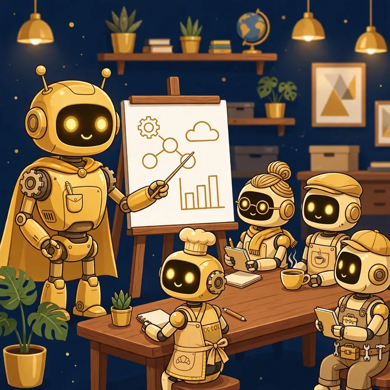Friendly robot teacher showing AI basics to small business owners at a free class