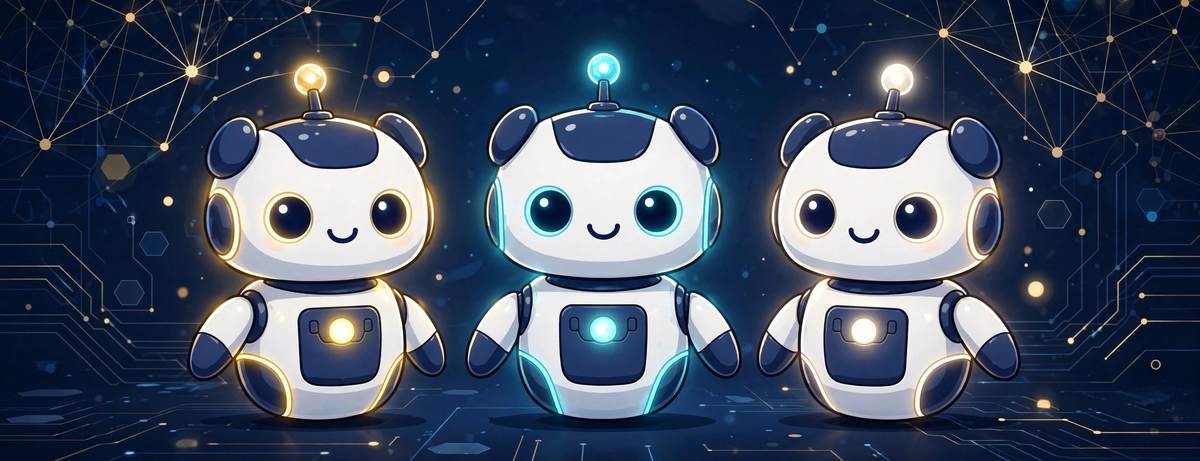 Friendly AI helper robots popping out of a laptop, ready to get to work